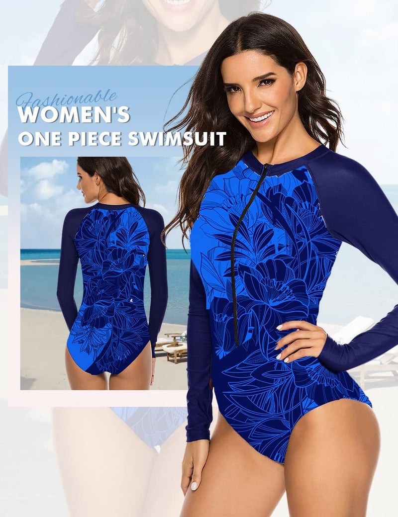 SELINK Women's Long Sleeve Rash Guard UV Protection Zipper Printed Surfing One Piece Swimsuit Bathing Suit Blue Print S - Image 4
